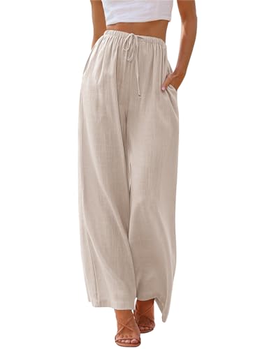 LILLUSORY Women's Linen Palazzo Pants Flowy Beach 2024 Summer Spring Fashion Basic Outfits Clothes Trendy Casual Drawstring Trousers with Pockets Apricot
