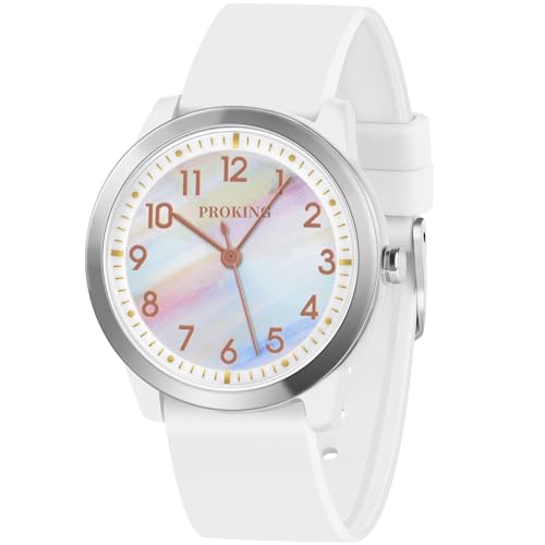 PROKING Kids Analog Watch for Girls Boys Children Teens,5-18 Years Old,Learning Time and Easy to Read,Minimalist Wrist Watch with Soft Band,5ATM Waterproof (White)