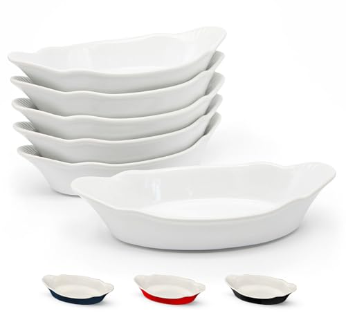 Au Gratin Baking Dishes, by Kook, Ceramic Serving Dishes, for Banana Split, Oven and Microwave Safe, Dishwasher Safe, Small Casserole Dish, Lasagna & Cobblers, Individual Serving, Set of 6, 12 oz (Marshmallow White)