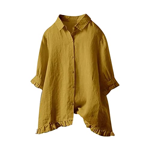 Women Loose Button Down Blouse Tops Stand Solid Sleeve Long Casual Women Linen Shirt Women's Linen Blouse Cotton (3-Yellow, XXXXL)