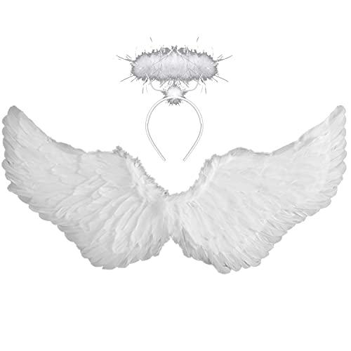 KROMPG Angel Wings Adult Angel Costume for Kids Angel Wings and Halo for Christmas Eve, Halloween (Medium, White)