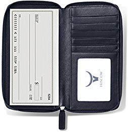 HISCOW Zippered Checkbook Cover & Card Holder with Divider - Italian Calfskin (Black)