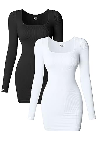 OQQ Women's 2 Piece Dresses Sexy Ribbed Long Sleeve Square Neck Tank Tops Mini Dress Black White