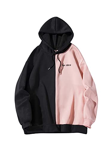 SOLY HUX Men's Casual Colorblock Pullover Fashion Loose Fit Long Sleeve Graphic Trendy Drawstring Hoodie Sweatshirt Black Pink XXL