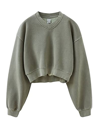 Hatant Sweatshirt for Women Acid Wash Athletic Hoodies Heritage Fleece V-neck Long Sleeve Hoodie Y2K Crop Pullover Women Sweatshirt Cotton Fleece Lined Hoodies Workout Pullover Shirt Green-M