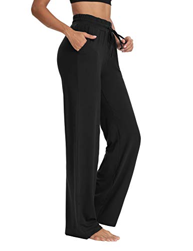 Sarin Mathews Womens Yoga Sweatpants Wide Leg Lounge Pajamas Pants Comfy Drawstring Workout Joggers Pants with Pockets Black S