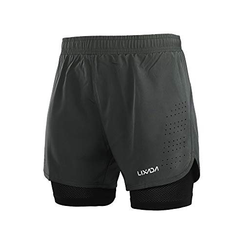 LIXADA Men's 2-in-1 Running Shorts Quick Drying Breathable Active Training Exercise Jogging Cycling Shorts (Dark Gray, Small)