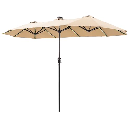 MFSTUDIO 13FT Double-Sided Patio Umbrella w/Solar Lights, Outdoor Table Rectangular Umbrellas w/ 120 LED Lights, Hand Crank for Lawn Backyard Pool, Beige
