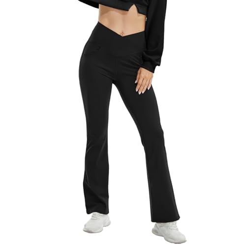iloveSIA High Waisted Flare Leggings for Women Tummy Control Black Crossover Bootcut Workout Pants with Pockets Bell-Bottom Leggings Size L