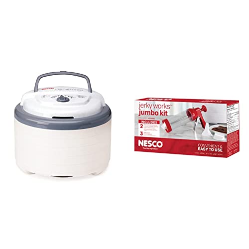 NESCO FD-75A Snackmaster Pro Food Dehydrator, For Snacks, Fruit, Beef Jerky, Gray & Jumbo Works Beef Jerky kit, 1, Red