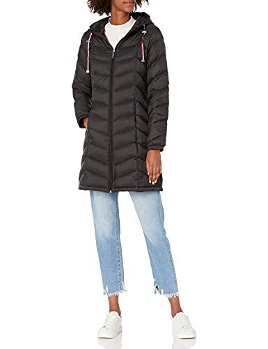 Tommy Hilfiger Women's Mid-Length Puffer Hooded Down Jacket with Drawstring Packing Bag, Black, Medium