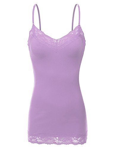 RT1004 Ladies Adjustable Spaghetti Strap Lace Trim Long Tunic Cami Tank Top D.Lilac M