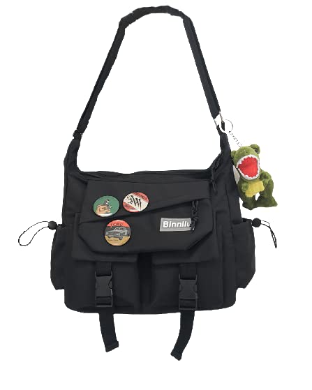 LaurelTree Aesthetic Tote Bag Japanese Style with Accessory Messenger Bag Shoulder Bag Large Capacity for Boys School College (Black)