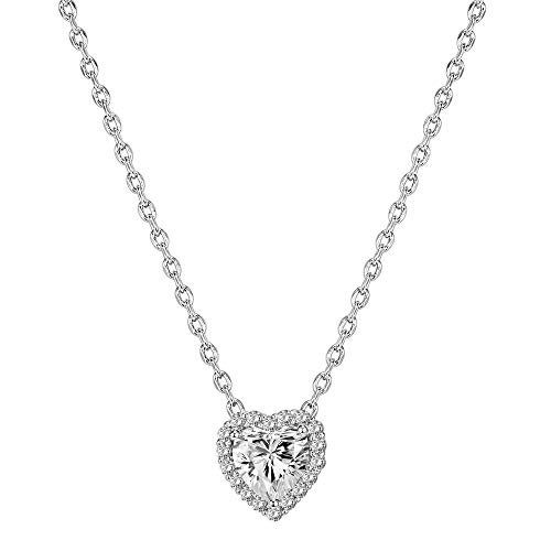 PAVOI 14K Gold Plated Post Faux Diamond Heart Shape Pendant Halo Necklace in White Gold
