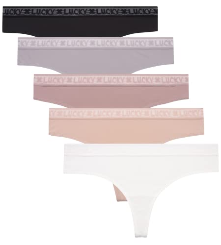 Lucky Brand Women's Underwear - 5 Pack Microfiber Thong Panties (S-XL), Size X-Large, Gardenia/Natural/Black/Silver Sconce/Multi