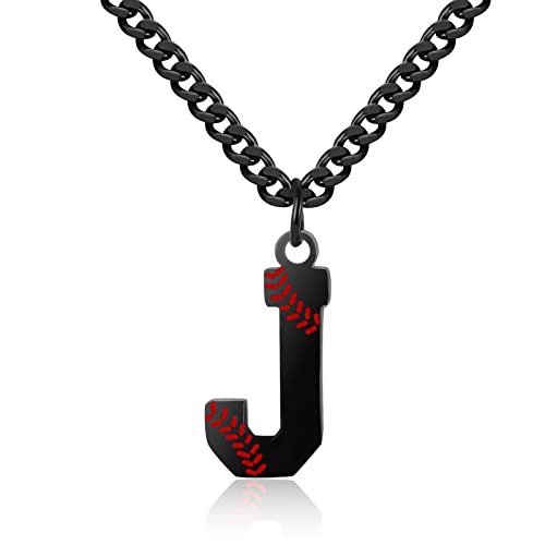 AIAINAGI Baseball Initial A-Z Letter Necklace for Boys Baseball Charm Pendant Stainless Steel Black Chain 22inch Personalized Baseball Gift for Men Women Girls（J）