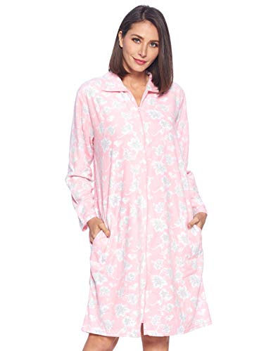 Casual Nights Women's Printed Micro Fleece Zip Up Long Sleeve Sleepwear Duster Robe, Pink Floral, XL