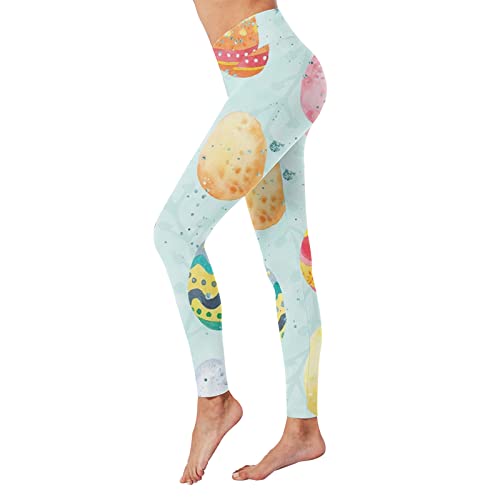 Women's Easter Pattern Leggings Gym Fitness High Waisted Tummy Control Yoga Pants Sports Cycling Butt Lifting Stretchy Tights（Light Blue,Large