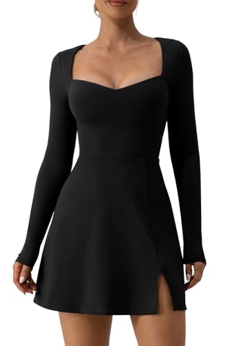QINSEN Long Sleeve Dress for Women Sexy Sweetheart High Waist Flare Mini Dress Clubwear Black M