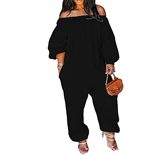 MESLIMA Women Casual Rompers Off Shoulder Long Sleeves Wide Leg Pants Beam Foot Plus Size Jumpsuit Black L