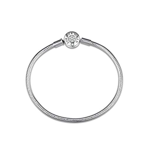 FOREVER QUEEN Charm Bracelet 925 Sterling Silver Basic Snake Chain Bracelet for Women Girls, Silver Signature Bracelet with Sparkling Round Clasp Charm, Clear CZ Cubic Zircon, 21cm/ 8.3 inches