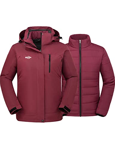 wantdo Women's Snowboarding Coat Windproof Raincoat with Removable Puffer Winter Jacket Wine Red L