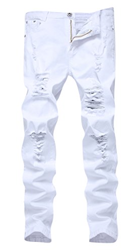 FREDD MARSHALL Men's White Skinny Slim Fit Ripped Distressed Destroyed Stretch Jeans Pants,White,32W