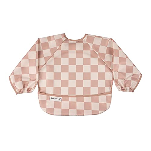 Tiny Twinkle Mess Proof Baby Bib, Cute Full Sleeve Bib Outfit, Waterproof Bibs for Toddlers, Machine Washable, Tug Proof, Baby Smock for Eating, Long Sleeved (Checkers Brown, Small 6-24 Months)