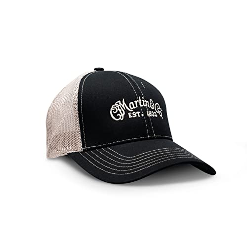 MARTIN Guitar Trucker Hat with Tan Mesh Back, Black Adjustable Unisex Hat for Men and Women