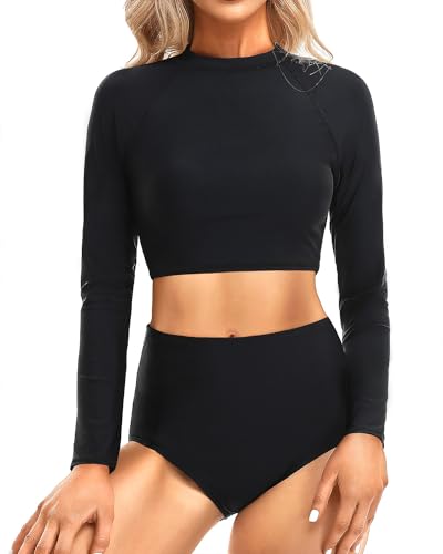 Pinup Fashion Two Piece Rash Guard Long Sleeve Bathing Suits Women Swimsuit Top with High Waist Short Tankini Set UV UPF 50+ Black