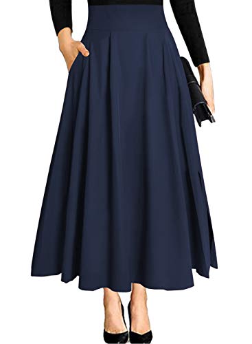 Navy Maxi Skirt for Women Long Length Summer 2023 Trendy Dressy Vintage Flowy High Waisted Flare Pleated A Line Skirts with Pockets S