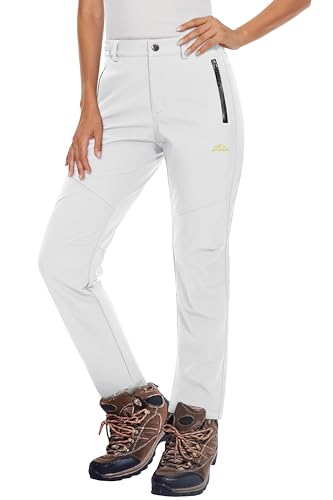 MAGCOMSEN Women's Fleece Lined Waterproof Insulated Softshell Pants Outdoor Snow Ski Pants Winter Warm Hiking Pants White S