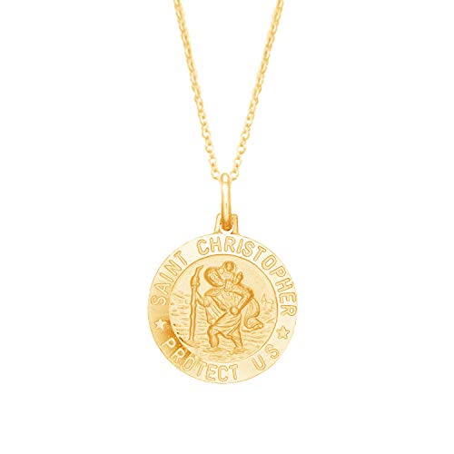 Ritastephens Italian Sterling Silver Gold Tone Round Saint St Christopher Medal Charm Pendant Necklace, 19mm, 18'