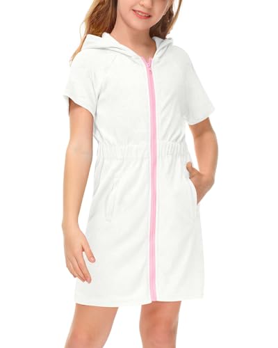 BesserBay Girls Full Zip Bathrobe White Terry Hooded Cover Up with Pockets 9-10 Years