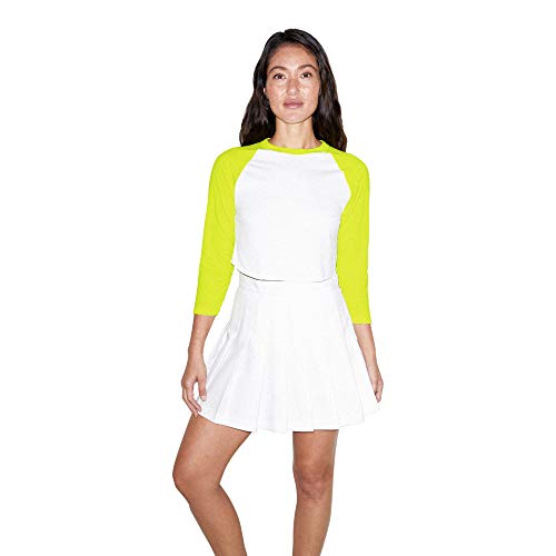 American Apparel Women's 50/50 Cropped 3/4 Sleeve Raglan, White/Neon Heather Yellow, Medium/Large