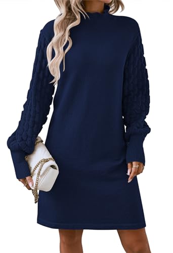 Pink Queen Women's Fall Fashion Chunky High Neck Pullover Sweater Dress Relaxed Fit Balloon Long Sleeve High Waist A Line Mini Tunic Dress Navy M