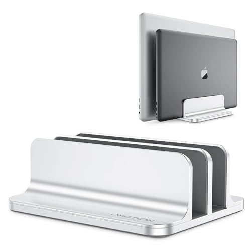 OMOTON [Updated Dock Version Vertical Laptop Stand, Double Desktop Stand Holder with Adjustable Dock (Up to 17.3 inch), Fits All MacBook/Surface/Samsung/HP/Dell/Chrome Book (Silver)