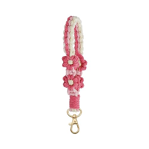 COLORFUL BLING Boho Macrame Wristlet Keychain Handmade Weave Daisy Flower Bracelet Keyring Holder Wrist Lanyard-pink3