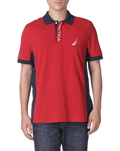 Nautica Men's Short Sleeve Color Block Performance Pique Polo Shirt, Red, Medium