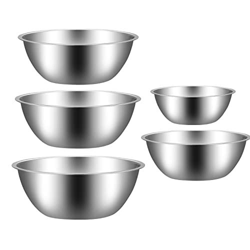 ChaoChuHui 5 packs Thicker Stainless Steel Flat Bottom Mixing Bowls, Nesting Mixing Bowls for Space Saving Storage, Polished Mirror Mixing Bowl Set for Kitchen - Great for Cooking, Baking, Prepping