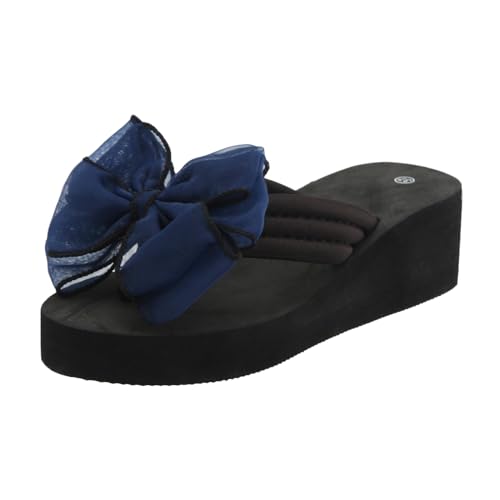 JEUROT Sandals for Women Comfort Arch Support Wedge Slides Bow Clip Toe Wedge Thong Sandal Non Slip Platform Flip Flops Orthopedic Slippers High Heels Summer Walking Shoes (Navy, 8.5)