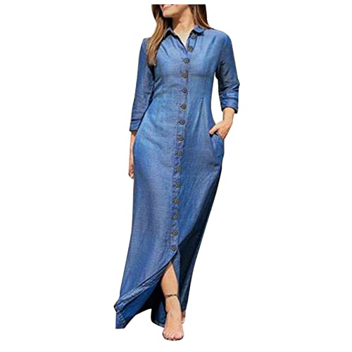 Women's Summer Dresses, Boho Dress Maxi Plus Size Women Business Casual Dresses for 2023 Women's Fashion Casual Solid Color Lapel Single-Breasted Panel Straight Long Sleeve Loose (L, Light Blue)