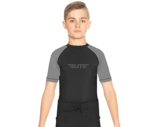 Elite Sports Rash Guards for Boys and Girls, Short Sleeve Compression BJJ Kids and Youth Rash Guard (Gray, Large)