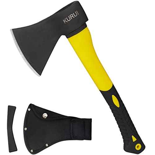 KURUI Wood Chopping Axe with Sheath, 15” Outdoor Camping Hatchet for Cutting and Kindling, Camp Splitting Axe with Fiber Glass Shock-Absorbent Anti-Slip Handle