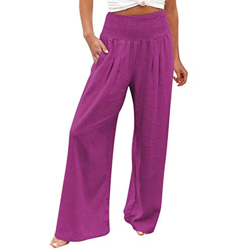 Generic High Waist Wide Leg Palazzo Pants for Women Linen Smocked Elastic Waist Loose Comfy Casual Pajama Pants (Hot Pink-3, XXXXL), 4X-Large