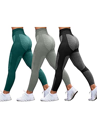 GXIN 3 Pieces for Women Seamless Yoga Athletic Pants Workout High Waist Running Tummy Control Sports Leggings DarkGreen Grey Black