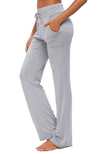 ADANIKI Womens Yoga Pants with Pockets Straight-Leg Loose Comfy Modal Drawstring Lounge Running Long Active Casual Sweatpants (Light Grey, L)
