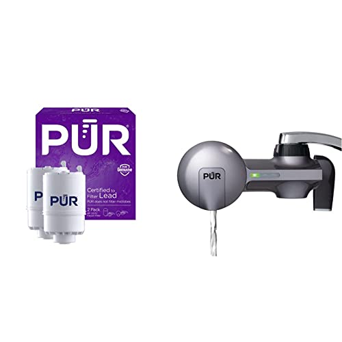 PUR Water Filter Replacement for Faucet Filtration Systems (2 Pack) & PLUS Faucet Mount Water Filtration System, Metallic Grey – Horizontal Faucet Mount for Crisp, Refreshing Water, PFM350V