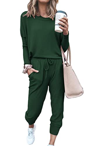 PRETTYGARDEN Women's 2023 Fall Two Piece Outfit Long Sleeve Crewneck Pullover Tops and Long Pants Tracksuit (Dark Green,Medium)