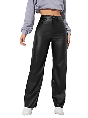 MakeMeChic Women's High Waist Pockets Straight Leg Jeans Leather Look Pants Black S